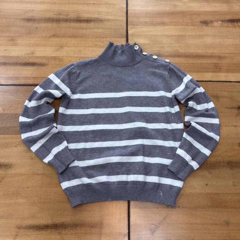 Longyuan Grey White Striped High Neck Button Shoulder Sweater